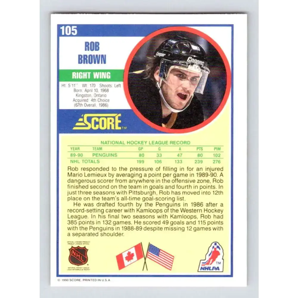 1990-91 Score #105 Rob Brown NM-MT Pittsburgh Penguins Hockey Card - Hockey Card Single
