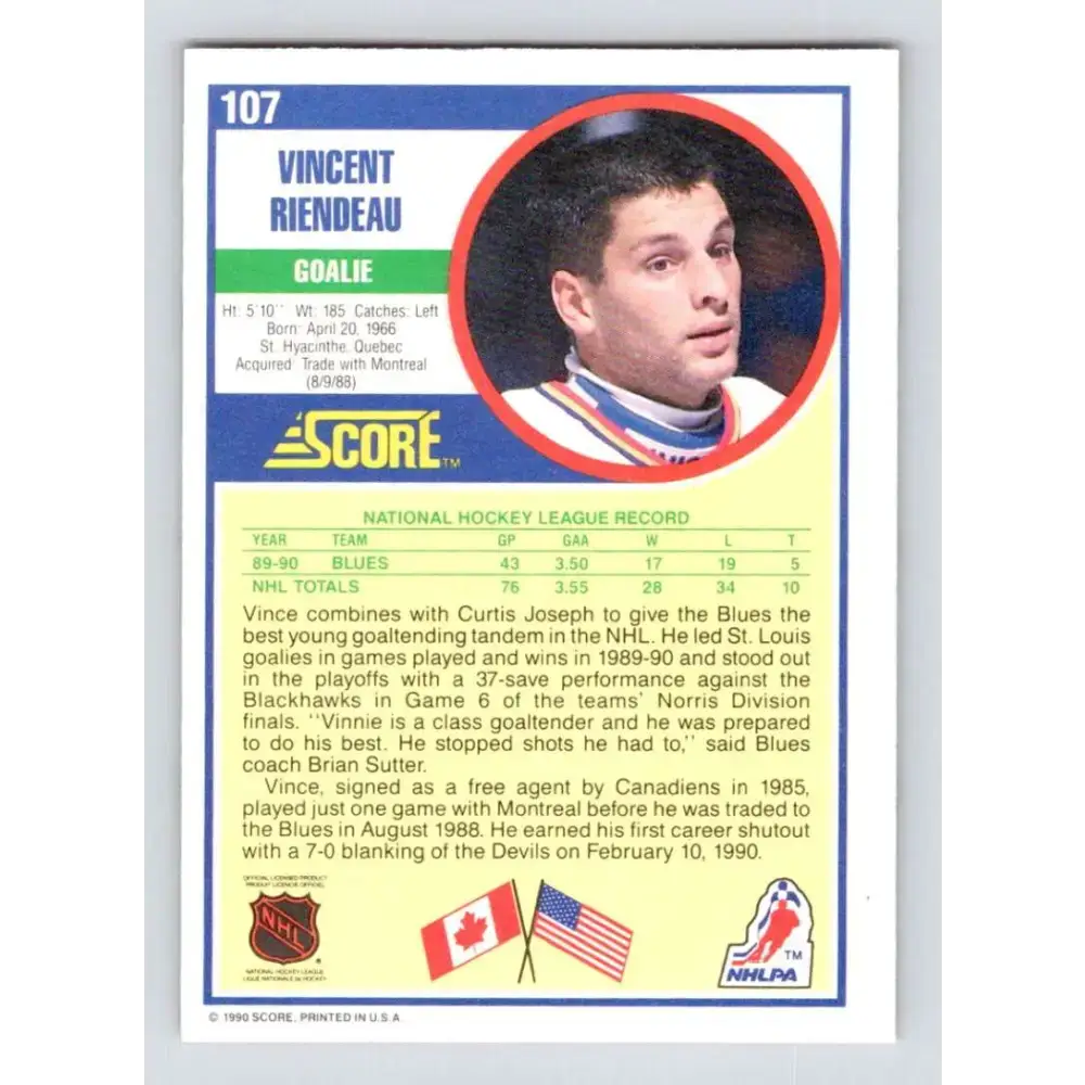 1990-91 Score #107 Vincent Riendeau NM-MT RC Rookie St. Louis Blues Hockey Card - Hockey Card Single