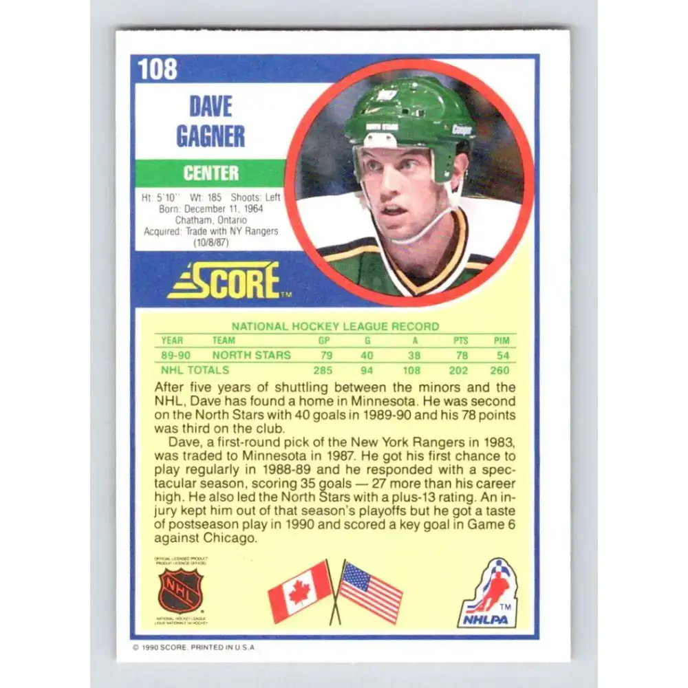 1990-91 Score #108 Dave Gagner NM-MT Minnesota North Stars Hockey Card - Hockey Card Single