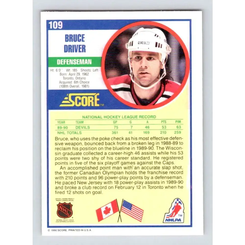 1990-91 Score #109 Bruce Driver NM-MT New Jersey Devils Hockey Card - Hockey Card Single