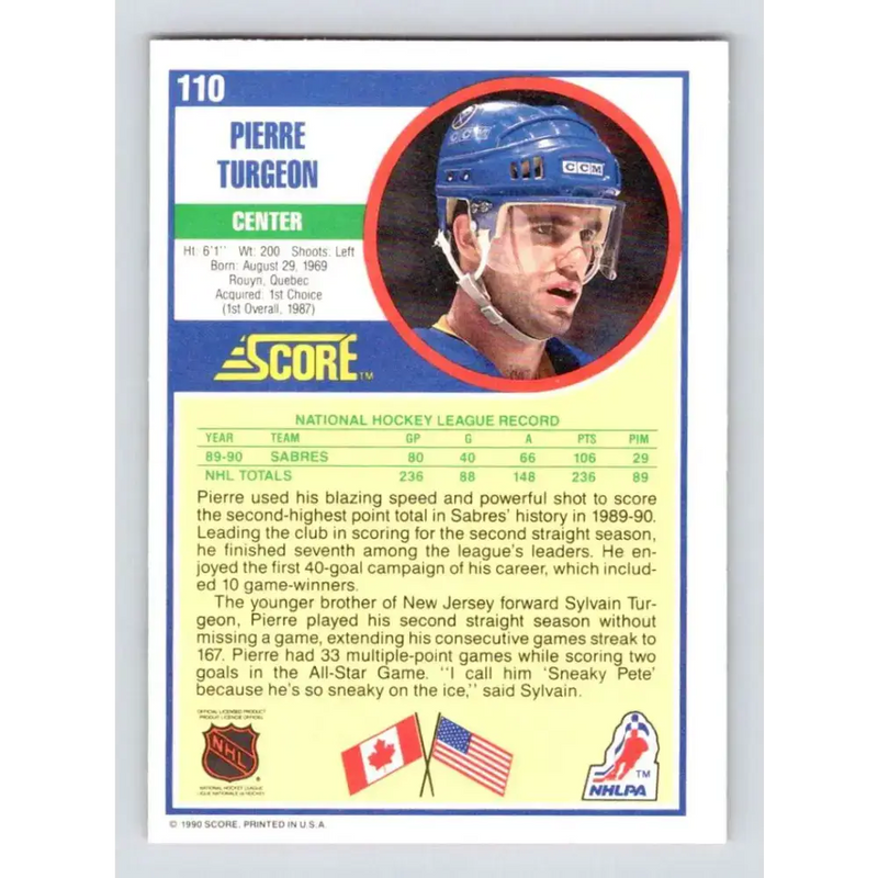 1990-91 Score #110 Pierre Turgeon NM-MT Buffalo Sabres Hockey Card - Hockey Card Single