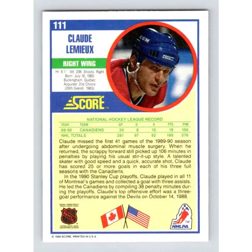 1990-91 Score #111 Claude Lemieux NM-MT Montreal Canadiens Hockey Card - Hockey Card Single