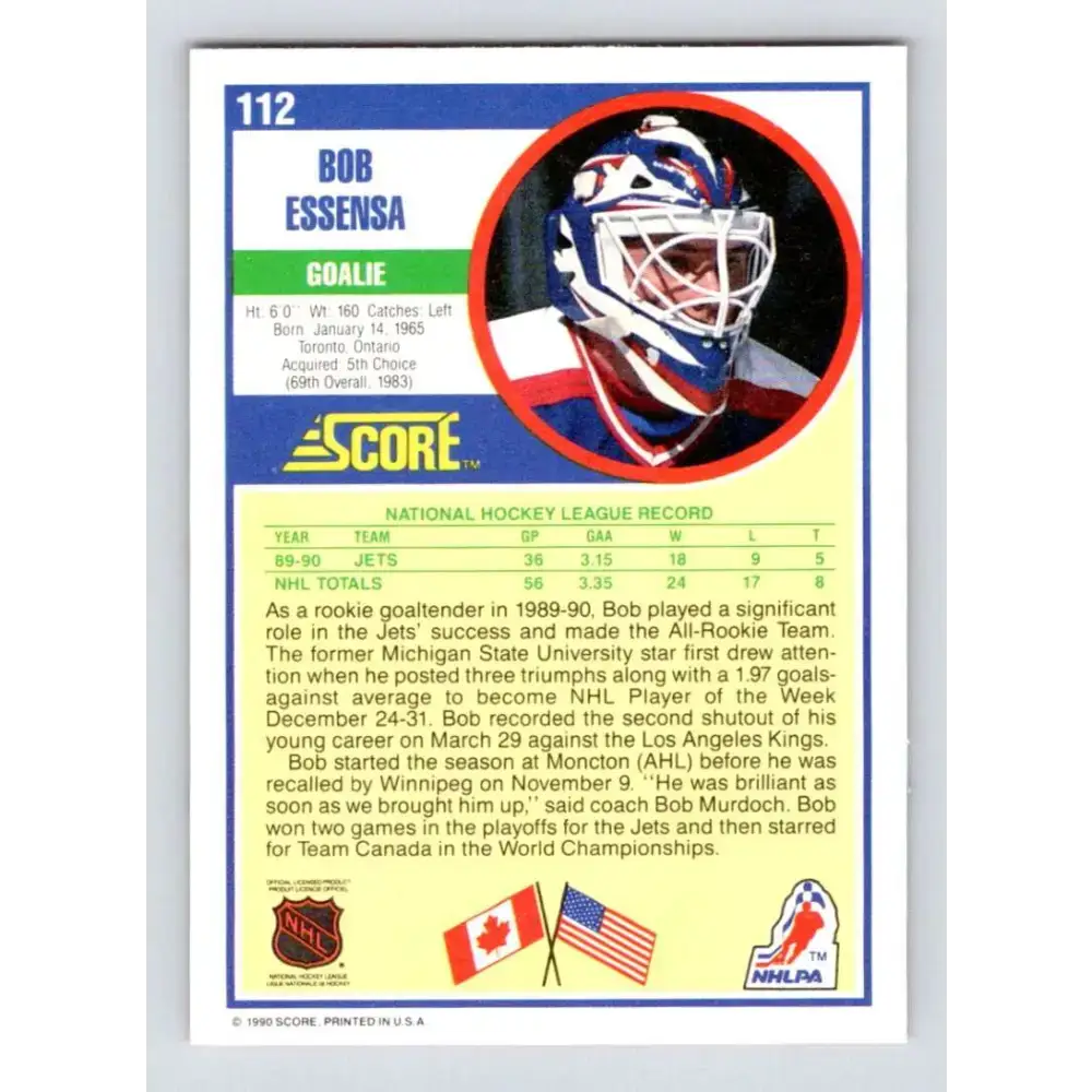 1990-91 Score #112 Bob Essensa NM-MT RC Rookie Winnipeg Jets Hockey Card - Hockey Card Single