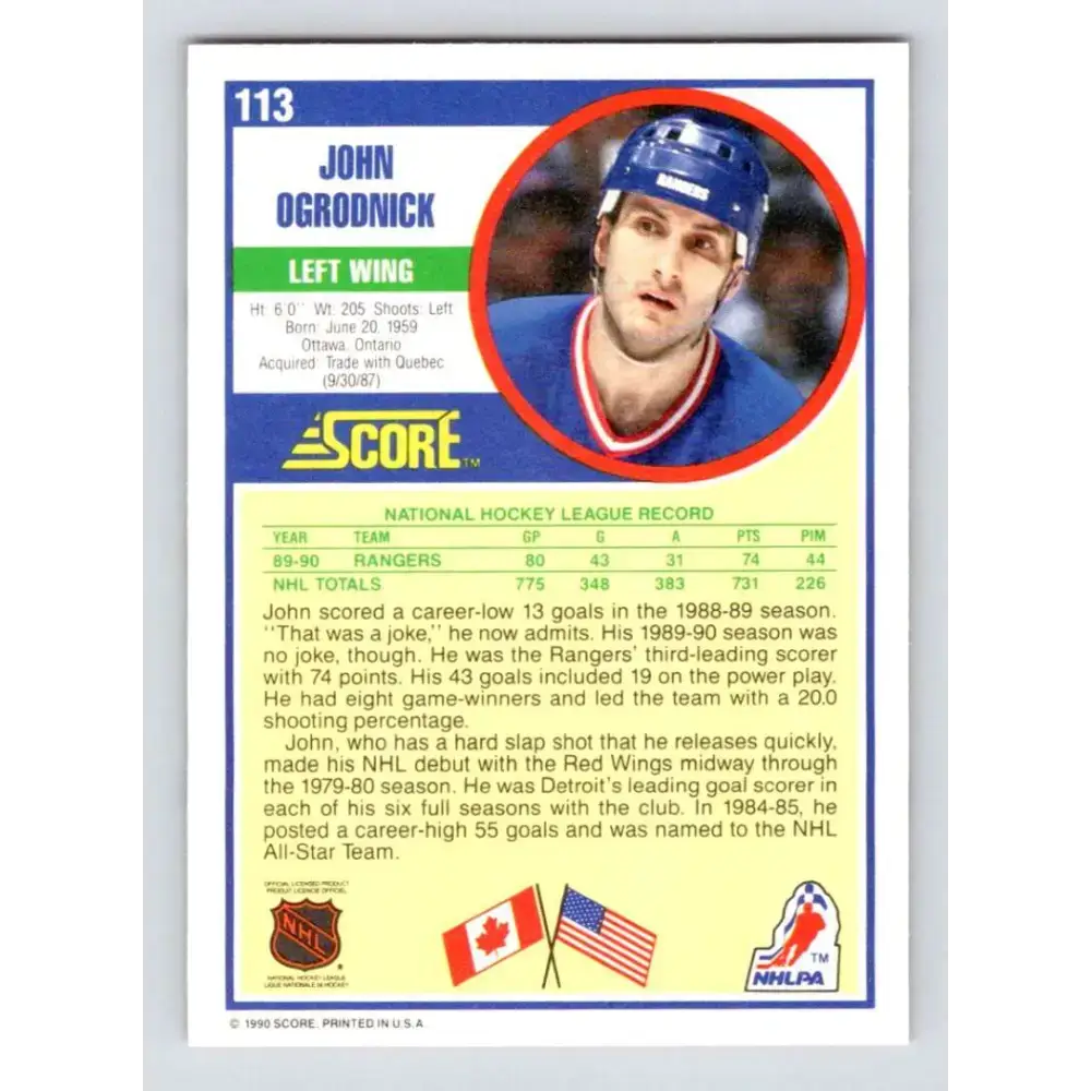 1990-91 Score #113 John Ogrodnick NM-MT New York Rangers Hockey Card