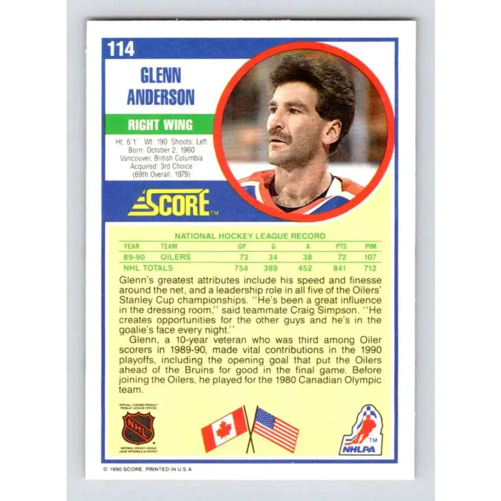 1990-91 Score #114 Glenn Anderson NM-MT Edmonton Oilers Hockey Card - Hockey Card Single