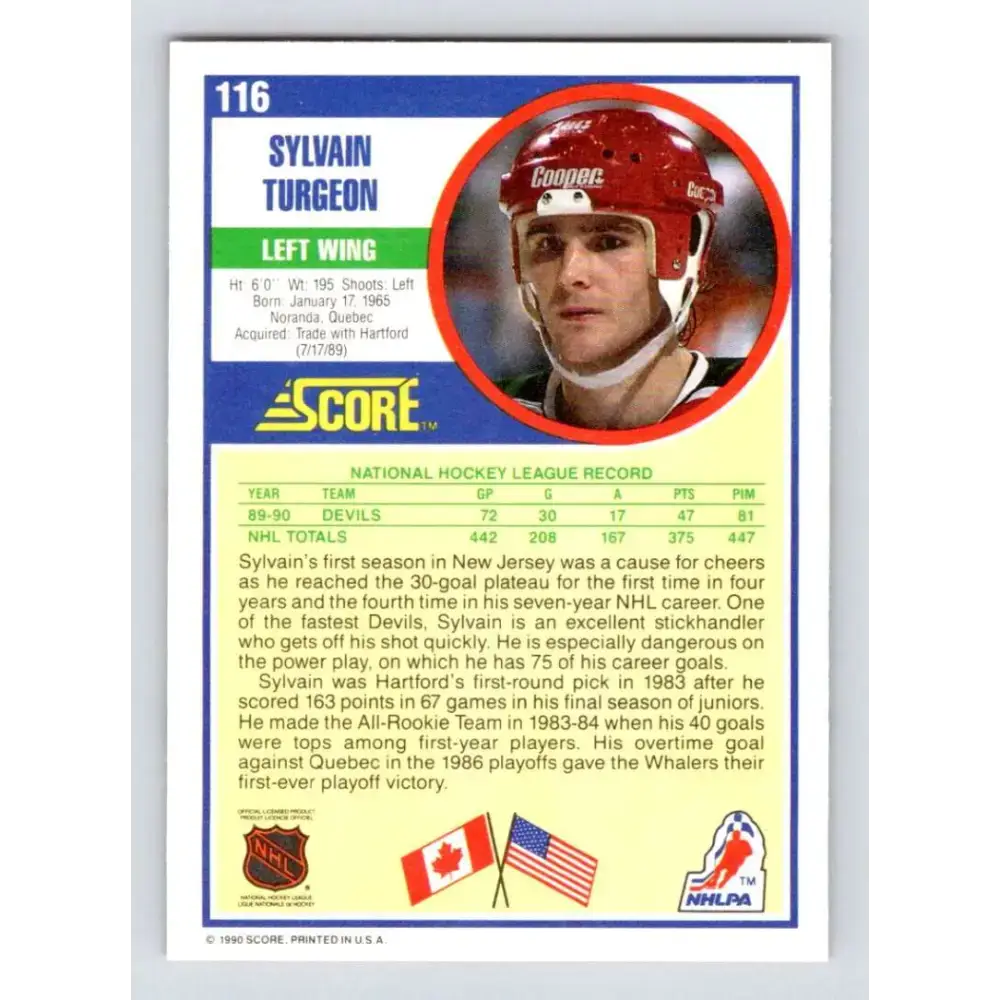 1990-91 Score #116 Sylvain Turgeon NM-MT New Jersey Devils Hockey Card - Hockey Card Single