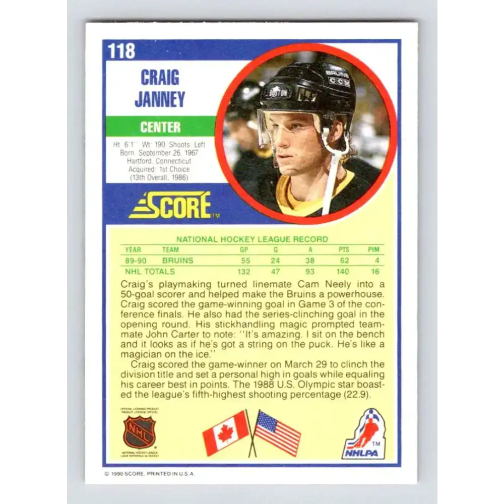 1990-91 Score #118 Craig Janney NM-MT Boston Bruins Hockey Card - Hockey Card Single