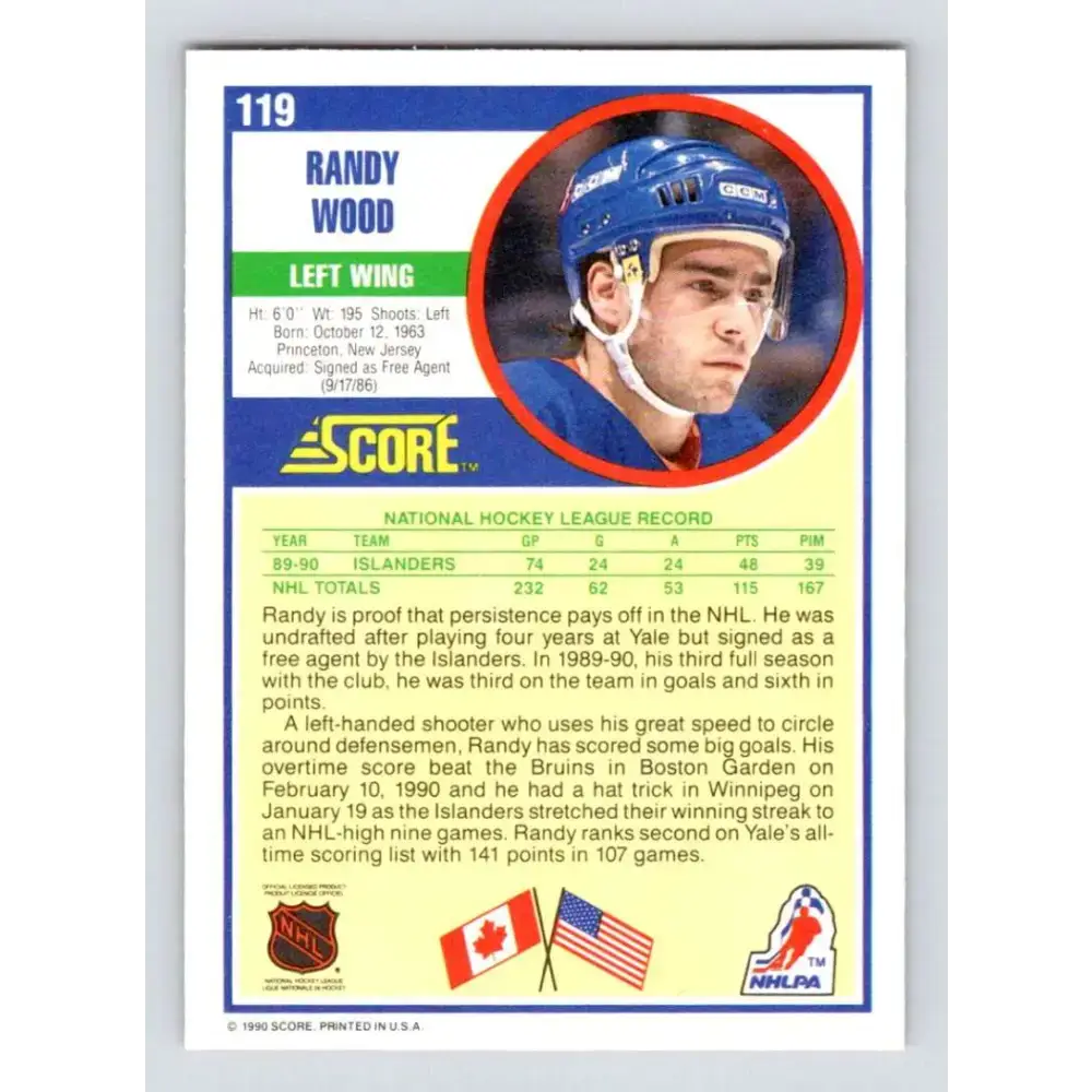 1990-91 Score #119 Randy Wood NM-MT New York Islanders Hockey Card - Hockey Card Single