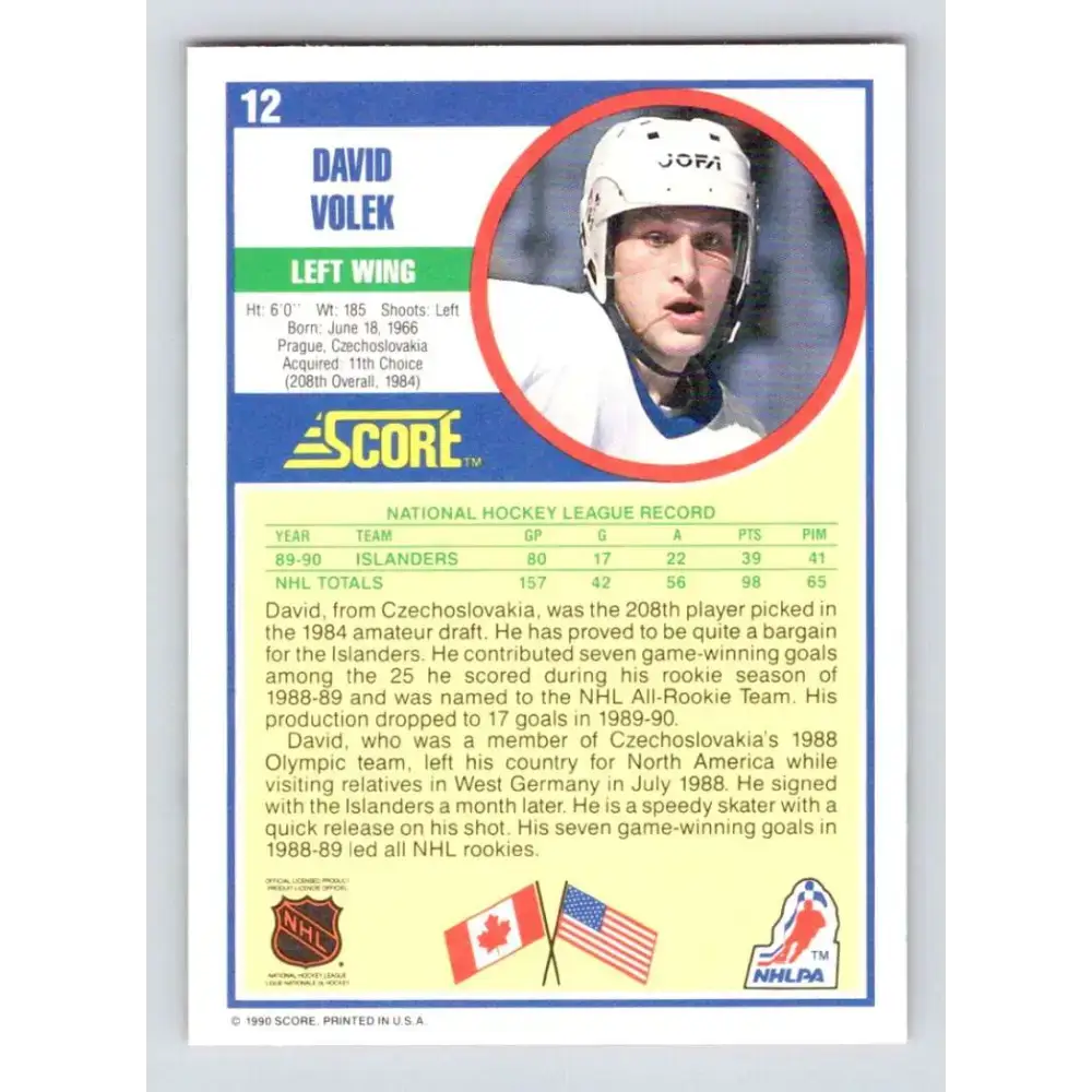1990-91 Score #12 David Volek NM-MT New York Islanders Hockey Card - Hockey Card Single