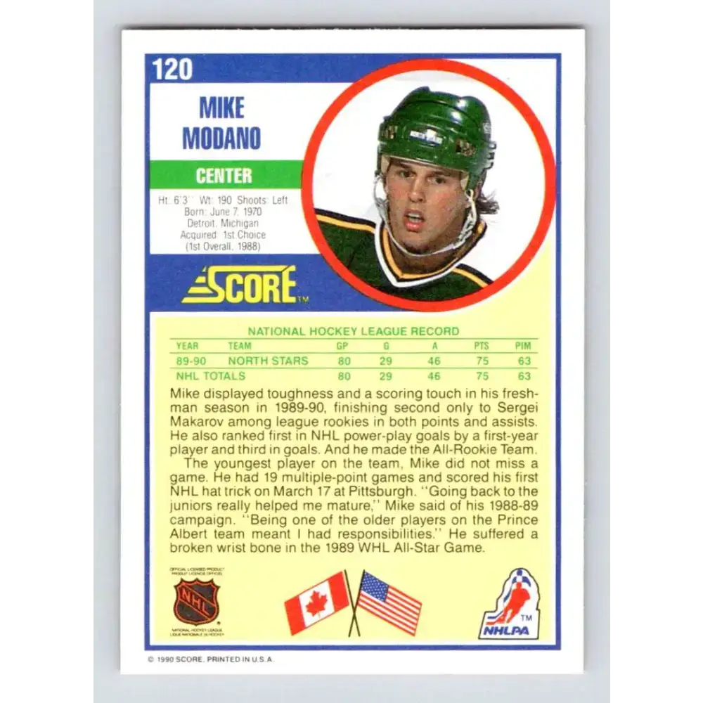 1990-91 Score #120 Mike Modano NM-MT RC Rookie Minnesota North Stars Hockey Card - Hockey Card Single