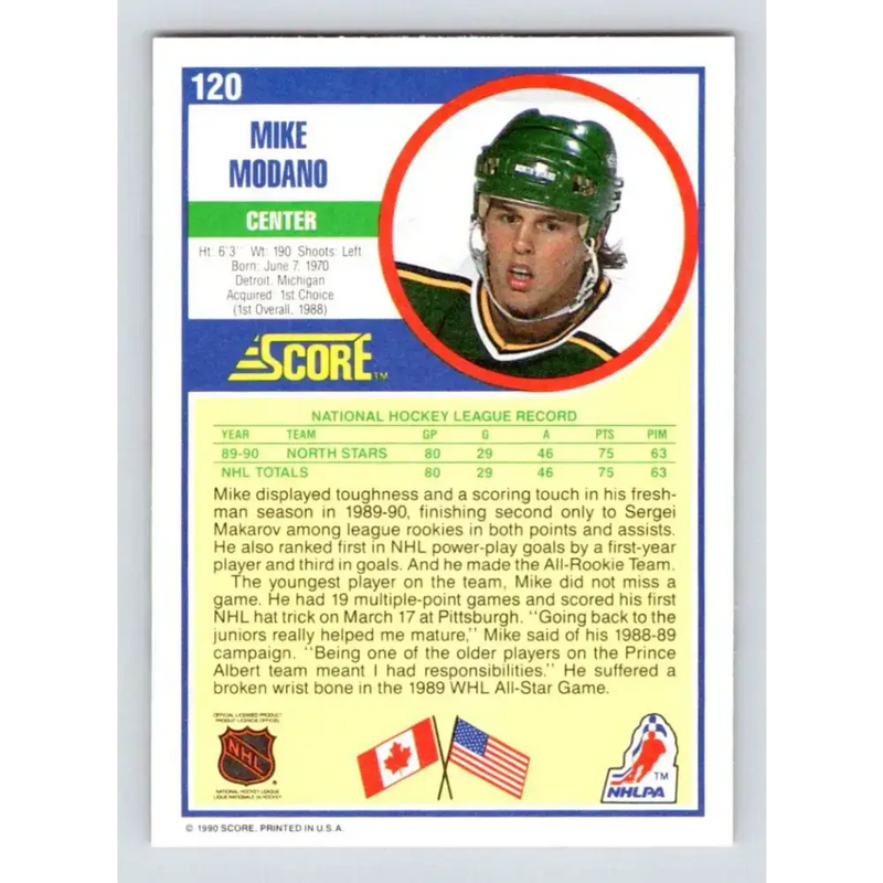 1990-91 Score #120 Mike Modano NM-MT RC Rookie Minnesota North Stars Hockey Card - Hockey Card Single