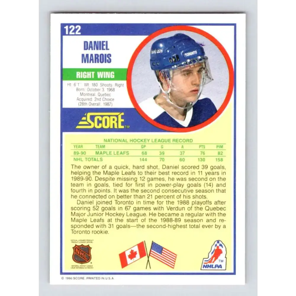 1990-91 Score #122 Daniel Marois NM-MT Toronto Maple Leafs Hockey Card