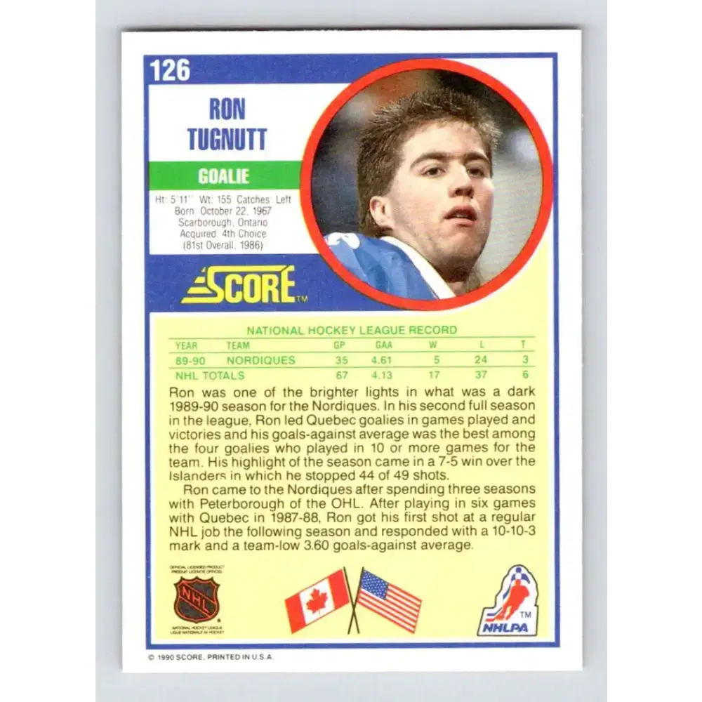 1990-91 Score #126 Ron Tugnutt NM-MT Quebec Nordiques Hockey Card - Hockey Card Single