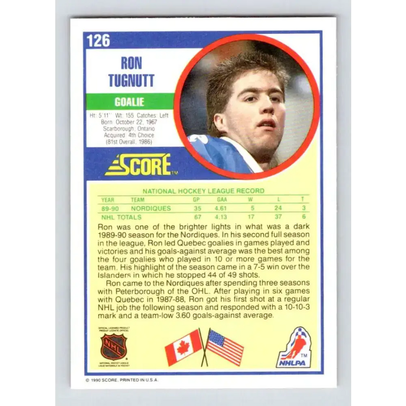1990-91 Score #126 Ron Tugnutt NM-MT Quebec Nordiques Hockey Card - Hockey Card Single