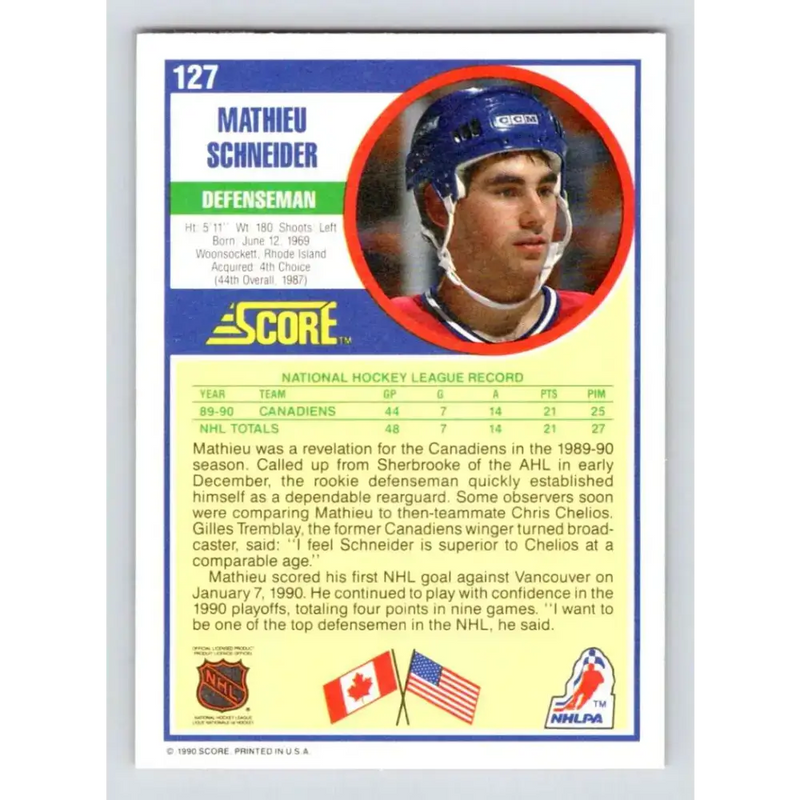 1990-91 Score #127 Mathieu Schneider NM-MT RC Rookie Montreal Canadiens Hockey Card - Hockey Card Single
