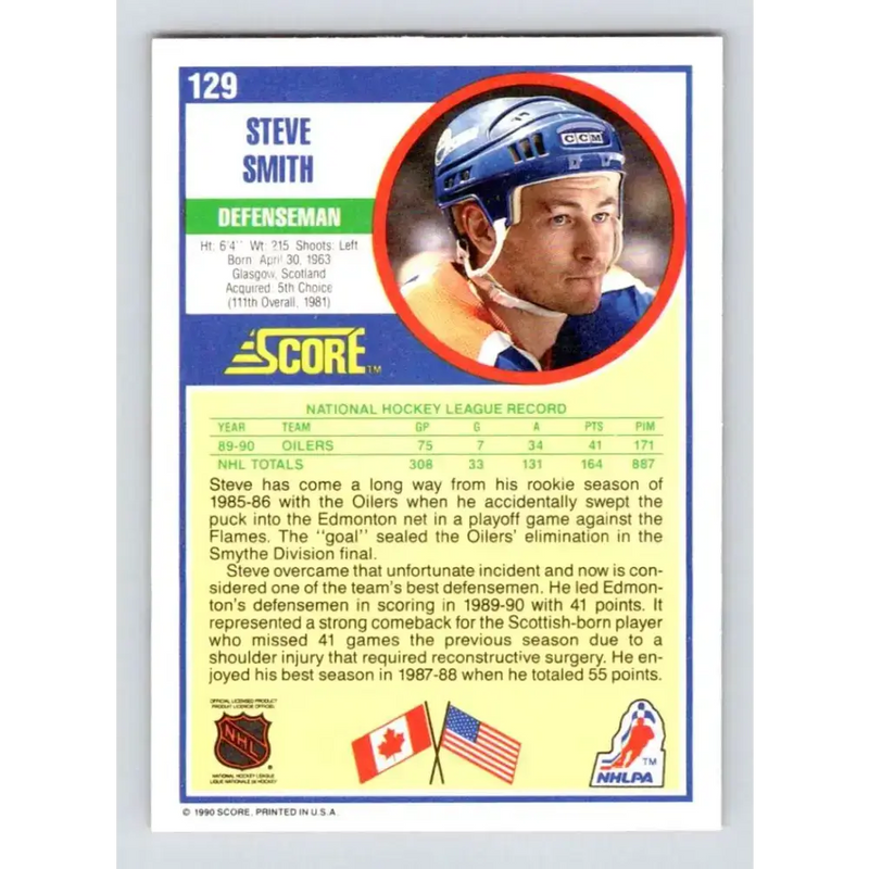 1990-91 Score #129 Steve Smith NM-MT Edmonton Oilers Hockey Card - Hockey Card Single
