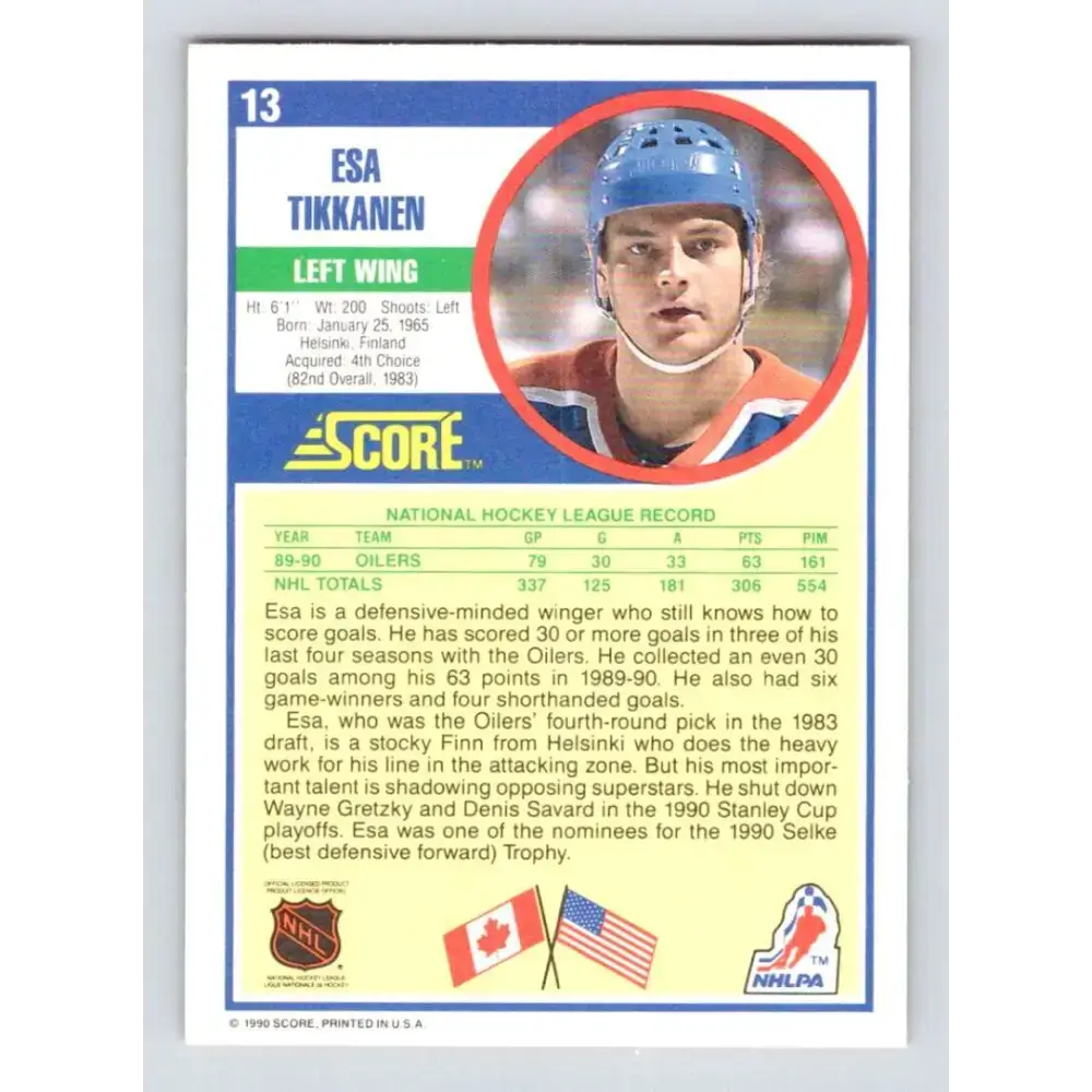 1990-91 Score #13 Esa Tikkanen NM-MT Edmonton Oilers Hockey Card