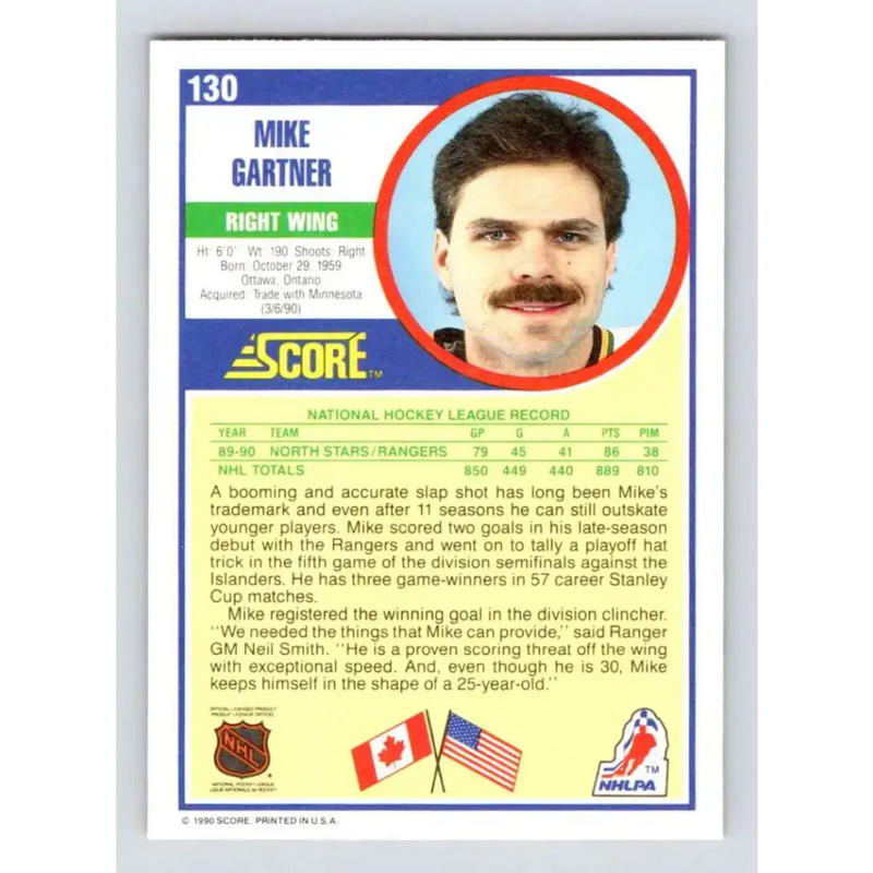 1990-91 Score #130 Mike Gartner NM-MT New York Rangers Hockey Card - Hockey Card Single