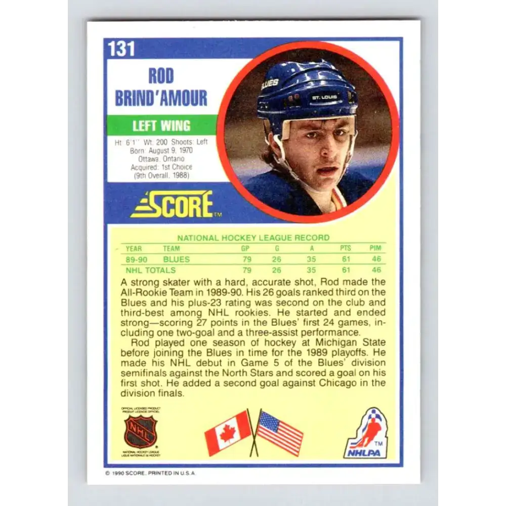 1990-91 Score #131 Rod Brind’Amour NM-MT RC Rookie St. Louis Blues Hockey Card - Hockey Card Single