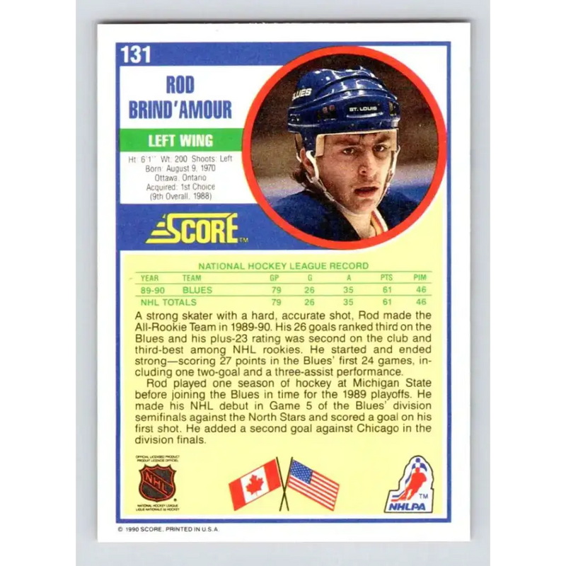 1990-91 Score #131 Rod Brind’Amour NM-MT RC Rookie St. Louis Blues Hockey Card - Hockey Card Single