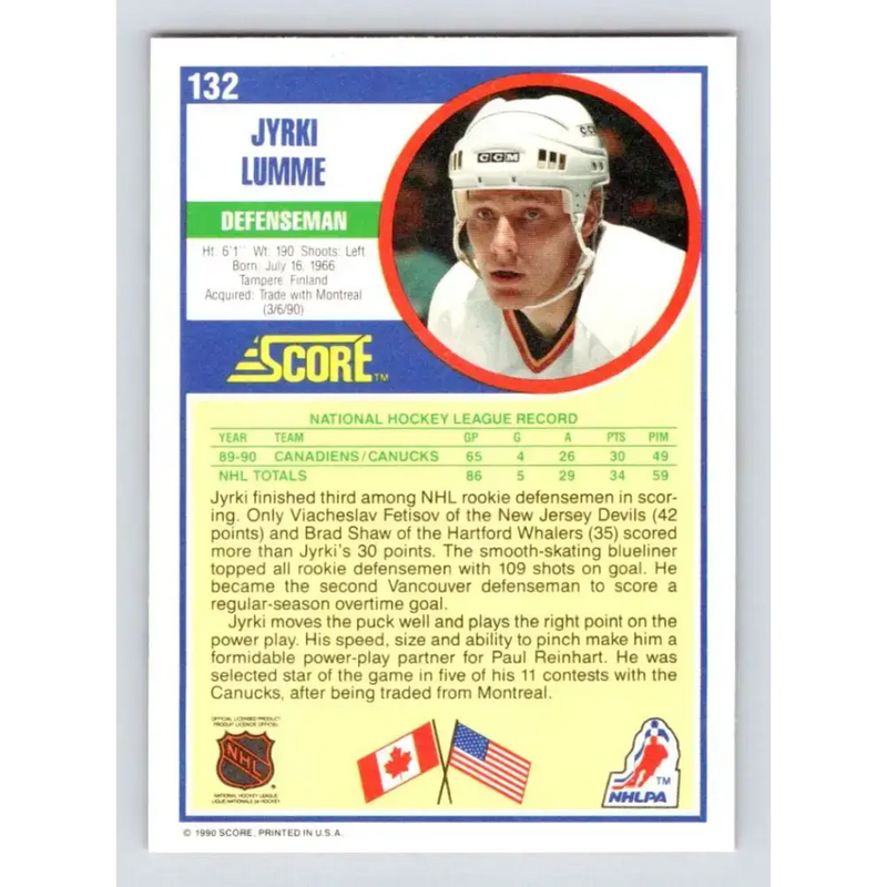 1990-91 Score #132 Jyrki Lumme NM-MT RC Rookie Vancouver Canucks Hockey Card - Hockey Card Single