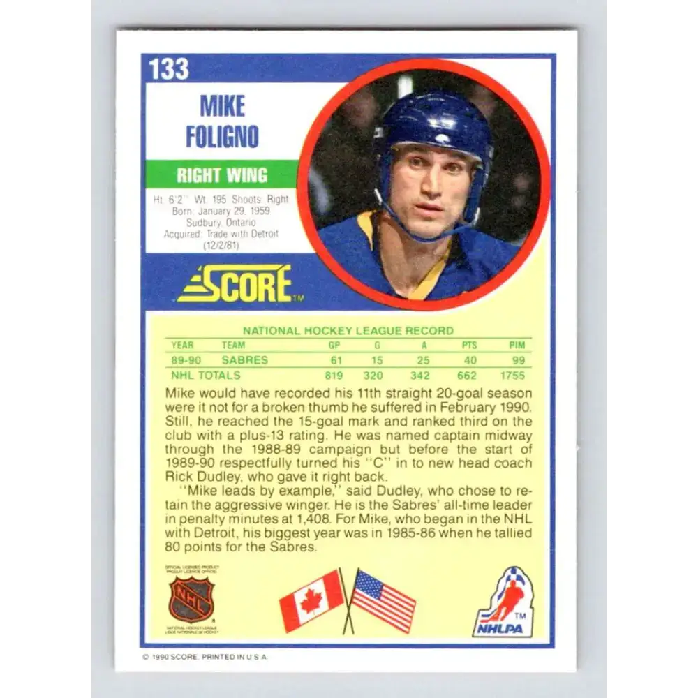 1990-91 Score #133 Mike Foligno NM-MT Buffalo Sabres Hockey Card - Hockey Card Single