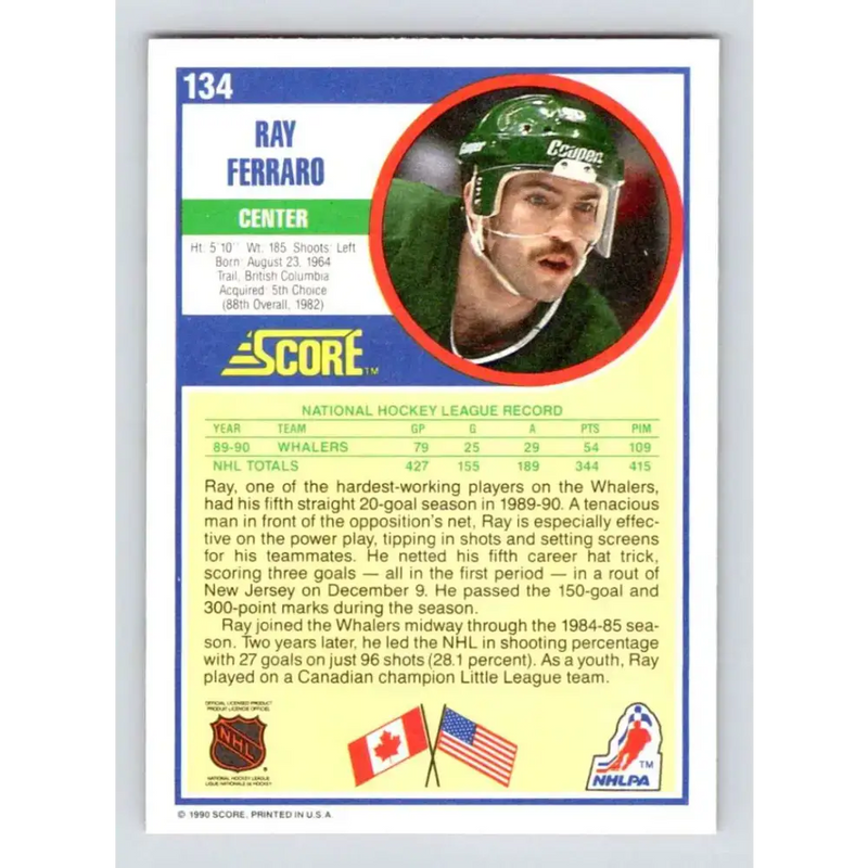 1990-91 Score #134 Ray Ferraro NM-MT Hartford Whalers Hockey Card - Hockey Card Single