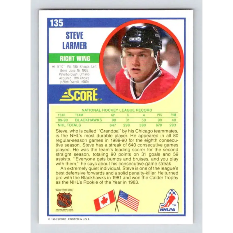 1990-91 Score #135 Steve Larmer NM-MT Chicago Blackhawks Hockey Card - Hockey Card Single