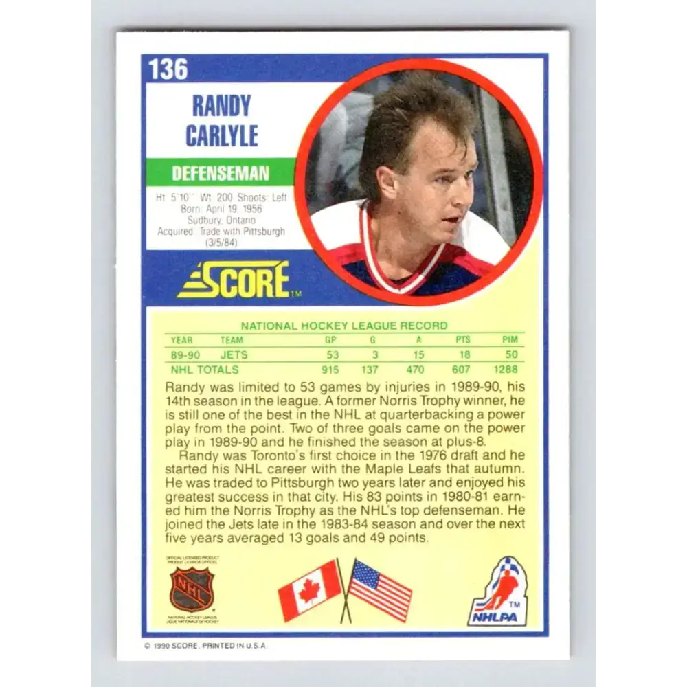 1990-91 Score #136 Randy Carlyle NM-MT Winnipeg Jets Hockey Card - Hockey Card Single