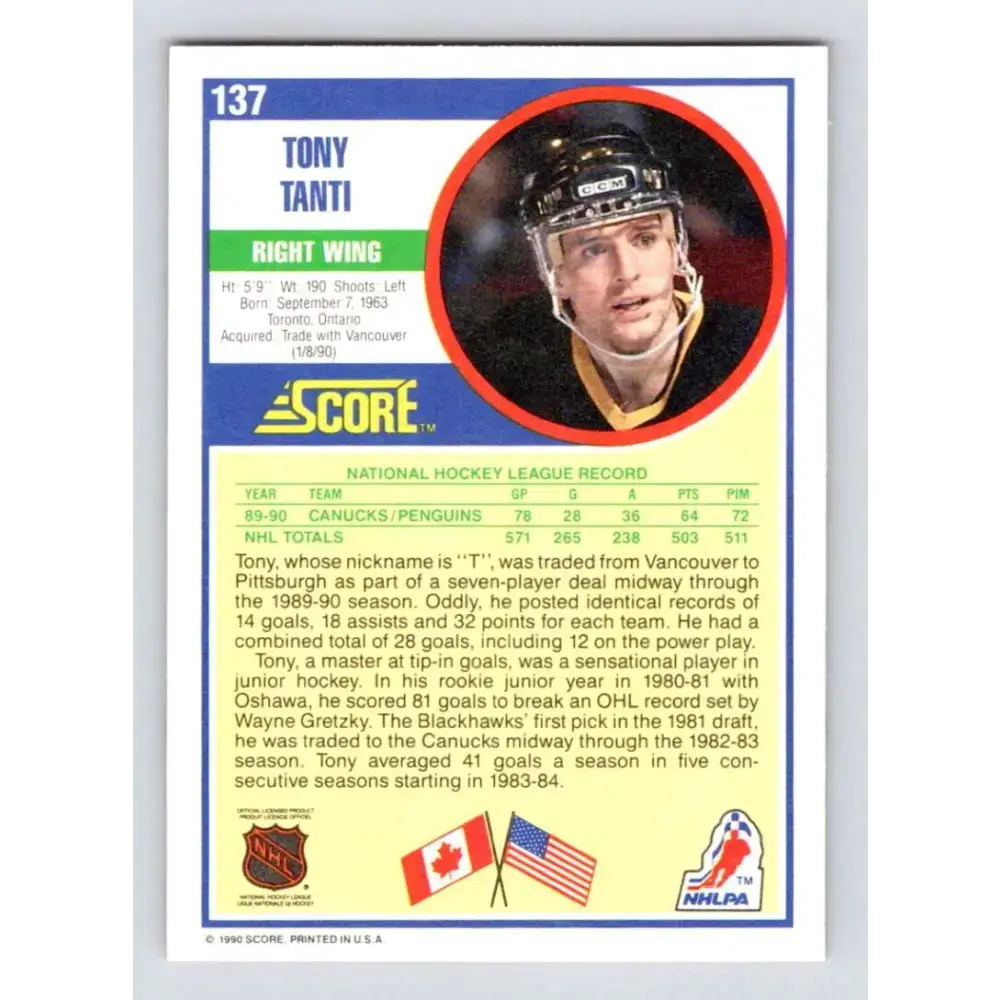 1990-91 Score #137 Tony Tanti NM-MT Pittsburgh Penguins Hockey Card - Hockey Card Single