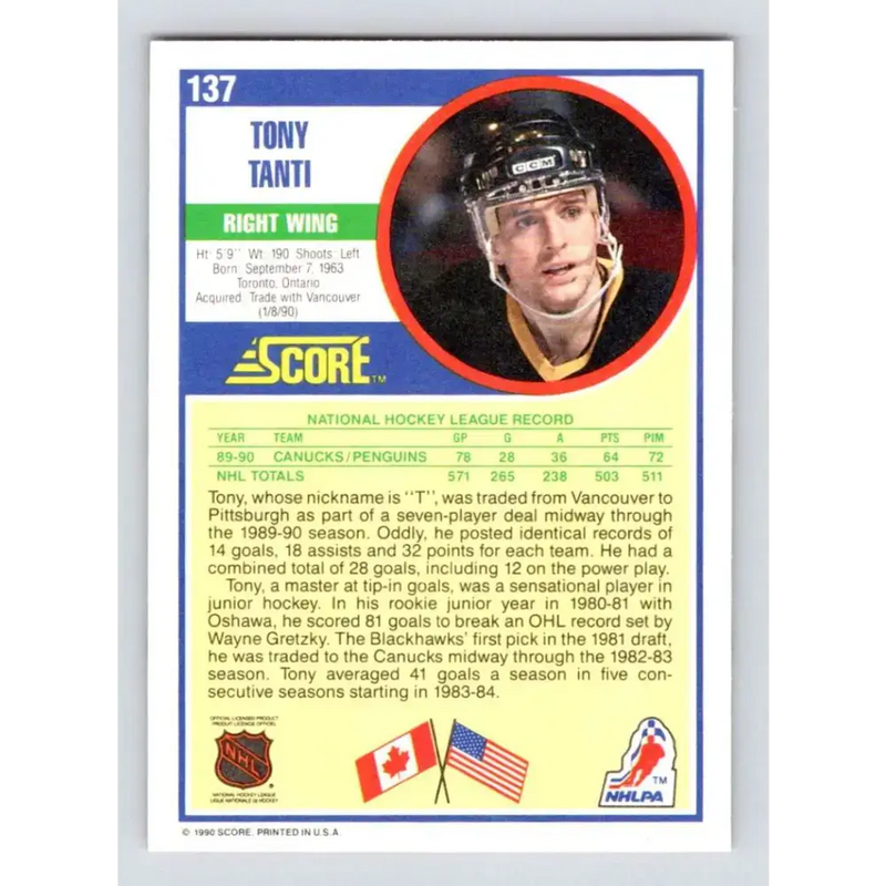 1990-91 Score #137 Tony Tanti NM-MT Pittsburgh Penguins Hockey Card - Hockey Card Single
