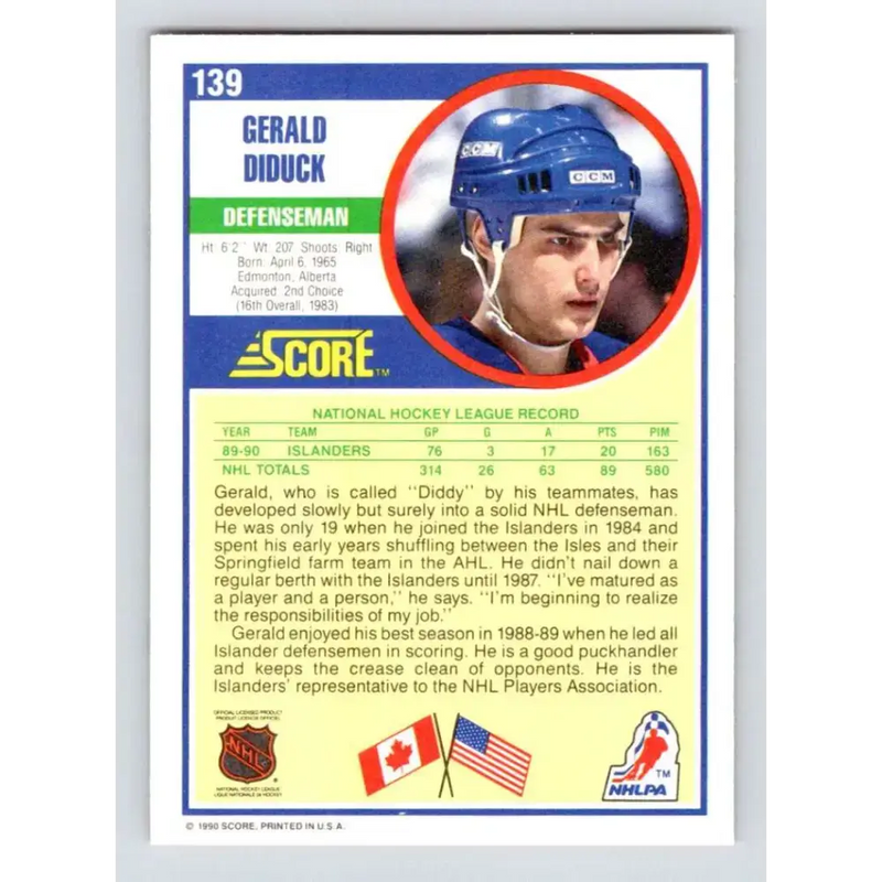 1990-91 Score #139 Gerald Diduck NM-MT New York Islanders Hockey Card - Hockey Card Single