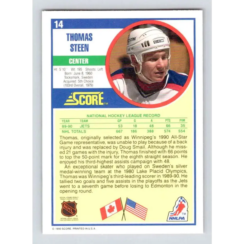 1990-91 Score #14 Thomas Steen NM-MT Winnipeg Jets Hockey Card - Hockey Card Single