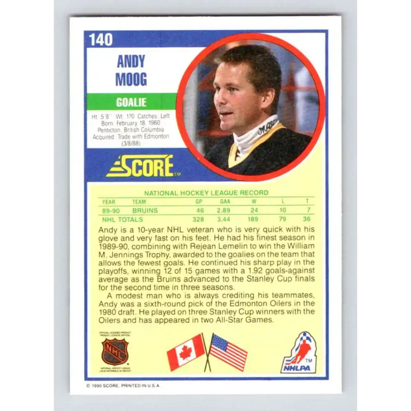 1990-91 Score #140 Andy Moog NM-MT Boston Bruins Hockey Card - Hockey Card Single