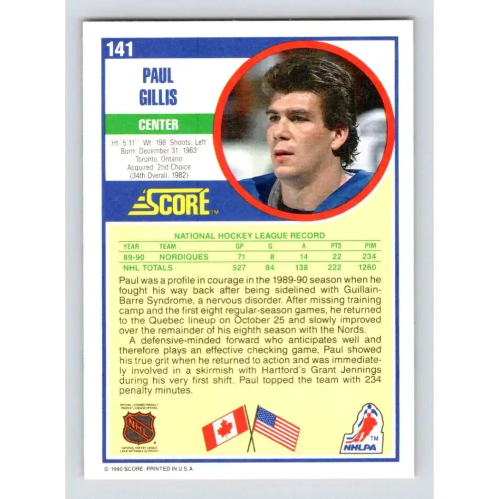 1990-91 Score #141 Paul Gillis NM-MT Quebec Nordiques Hockey Card - Hockey Card Single