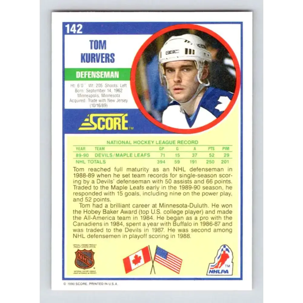 1990-91 Score #142 Tom Kurvers NM-MT Toronto Maple Leafs Hockey Card - Hockey Card Single