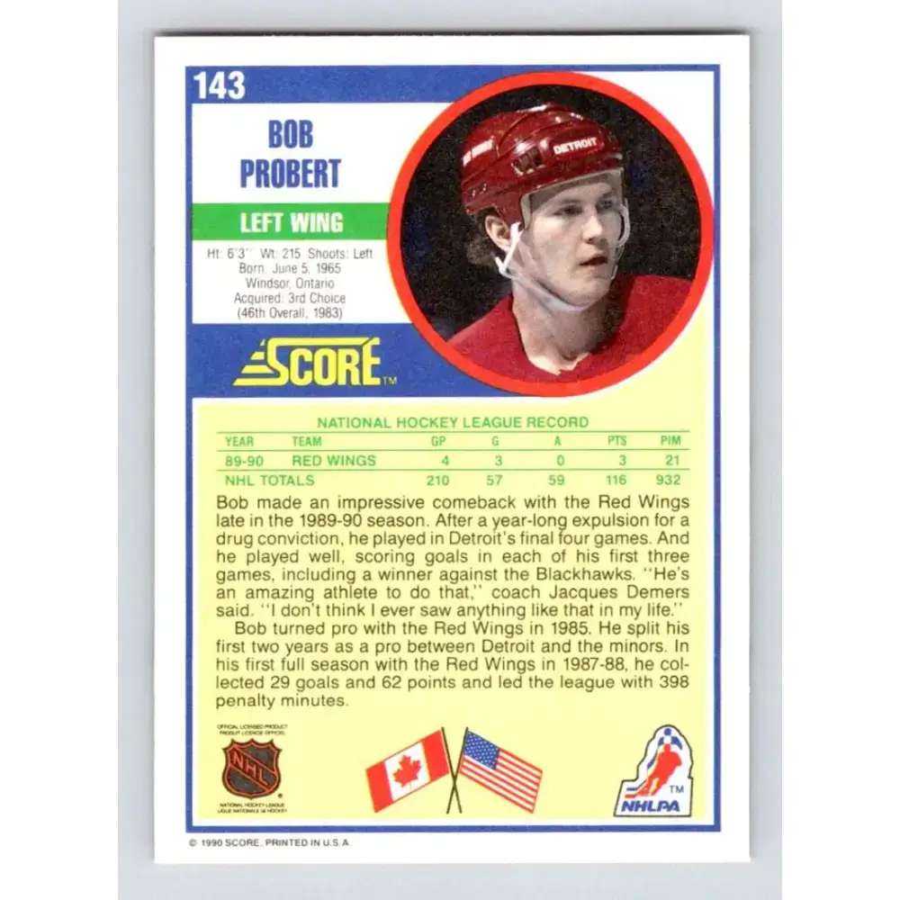 1990-91 Score #143 Bob Probert NM-MT Detroit Red Wings Hockey Card - Hockey Card Single