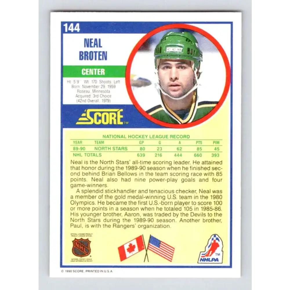 1990-91 Score #144 Neal Broten NM-MT Minnesota North Stars Hockey Card - Hockey Card Single