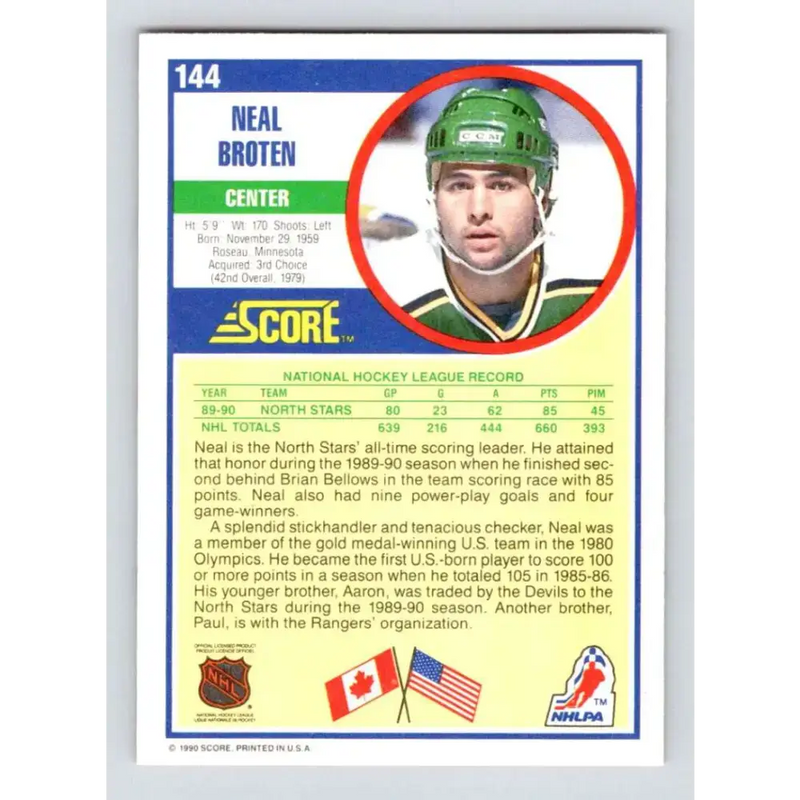 1990-91 Score #144 Neal Broten NM-MT Minnesota North Stars Hockey Card - Hockey Card Single