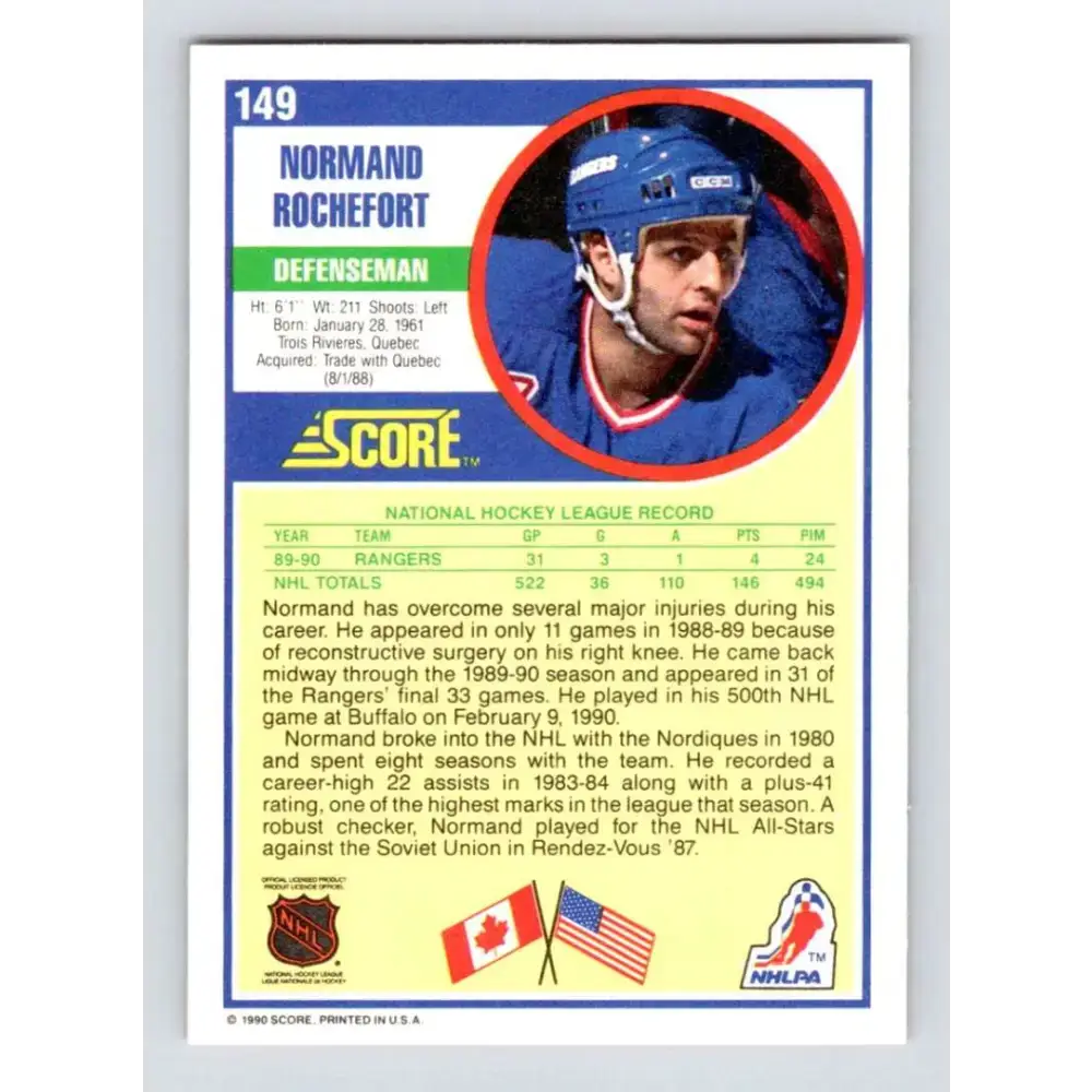 1990-91 Score #149 Normand Rochefort NM-MT New York Rangers Hockey Card - Hockey Card Single