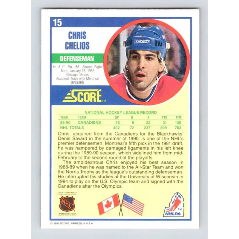 1990-91 Score #15 Chris Chelios NM-MT Montreal Canadiens Hockey Card - Hockey Card Single