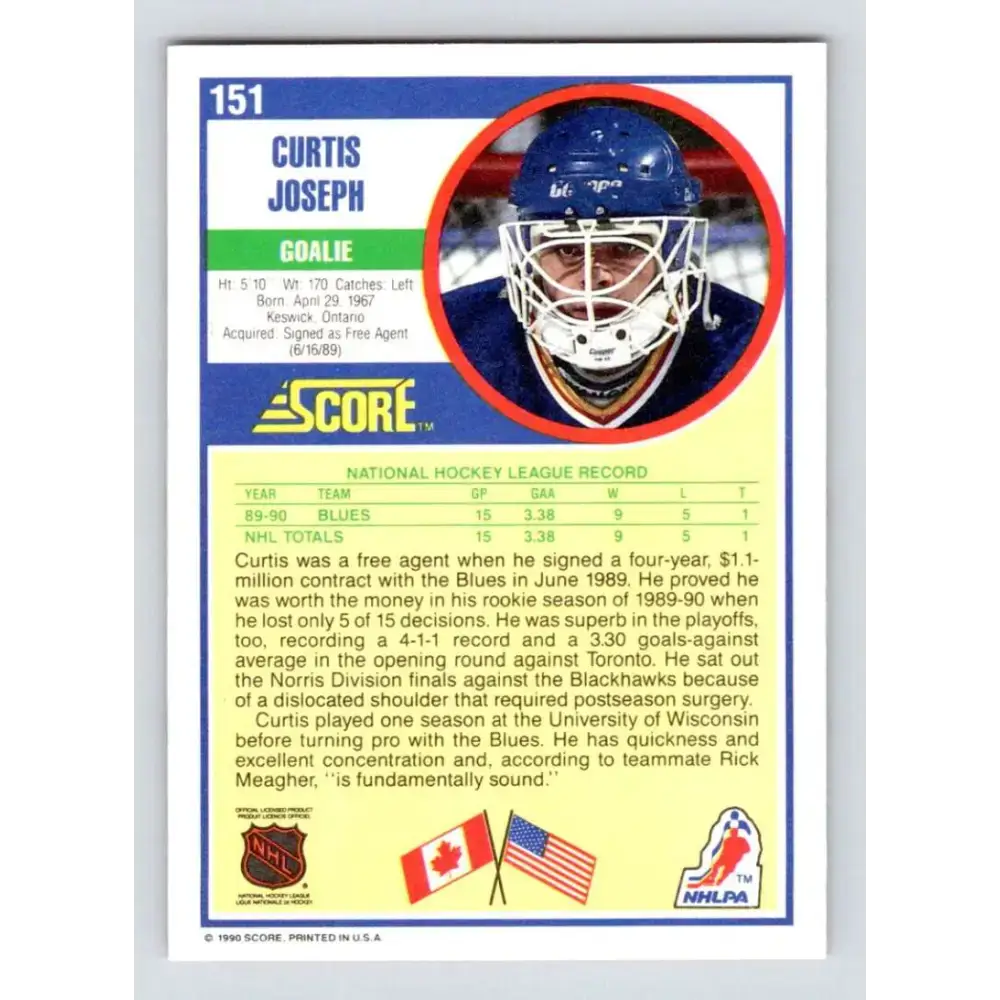 1990-91 Score #151 Curtis Joseph NM-MT RC Rookie St. Louis Blues Hockey Card - Hockey Card Single
