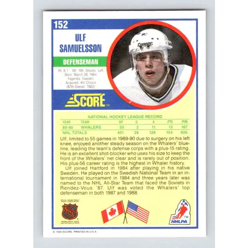 1990-91 Score #152 Ulf Samuelsson NM-MT Hartford Whalers Hockey Card