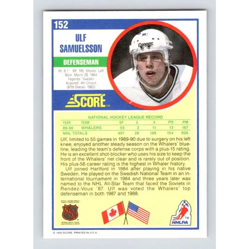 1990-91 Score #152 Ulf Samuelsson NM-MT Hartford Whalers Hockey Card