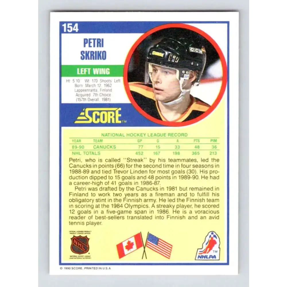 1990-91 Score #154 Petri Skriko NM-MT Vancouver Canucks Hockey Card - Hockey Card Single