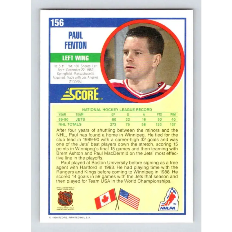 1990-91 Score #156 Paul Fenton NM-MT Winnipeg Jets Hockey Card - Hockey Card Single