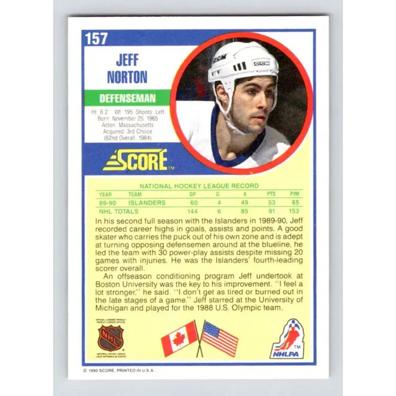 1990-91 Score #157 Jeff Norton NM-MT New York Islanders Hockey Card - Hockey Card Single