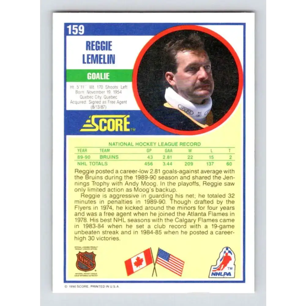 1990-91 Score #159 Reggie Lemelin NM-MT Boston Bruins Hockey Card - Hockey Card Single
