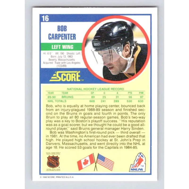 1990-91 Score #16 Bob Carpenter NM-MT Boston Bruins Hockey Card - Hockey Card Single