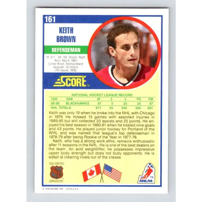 1990-91 Score #161 Keith Brown NM-MT Chicago Blackhawks Hockey Card - Hockey Card Single